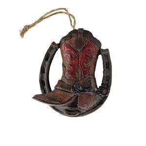 Western Cowboy Boot & Horseshoe Ornament With Jute String For Hanging